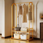 Gold clothing rack with bottom Storage shelves and 6 side hooks,Sturdy metal clothes rack for Hanging Clothes,Modern garment rack Wardrobe Rack for Bedroom or Boutique