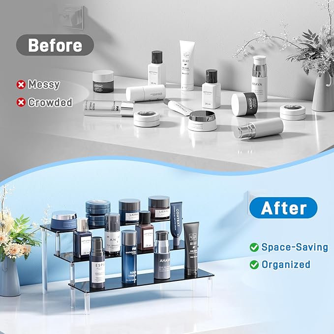2 Packs Acrylic Display Stand Riser,3 Tier Perfume Organizer Cupcake Stand Acrylic Pop Shelves Holder,Black Desk Display Shelf for Figure,Trinket,Collectibles,Dessert Stands for Party Decor-11.6in