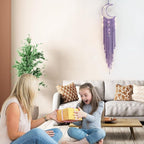Macrame Moon Dream Catcher for Girl, Purple Boho Crescent Dreamcatcher for Bedroom, Handmade Nursery Room Wall Hanging with Star Pendant for Teen Boy, Bohemian Home Decoration Idea