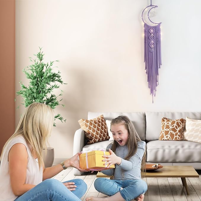 Macrame Moon Dream Catcher for Girl, Purple Boho Crescent Dreamcatcher for Bedroom, Handmade Nursery Room Wall Hanging with Star Pendant for Teen Boy, Bohemian Home Decoration Idea