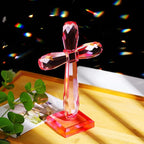 YWHL Handmade Crystal Standing Cross Decor, Religious Gifts for Women Men, Holy Cross for Easter Pary, Art Collectible Figurines for Home Table (Pink)