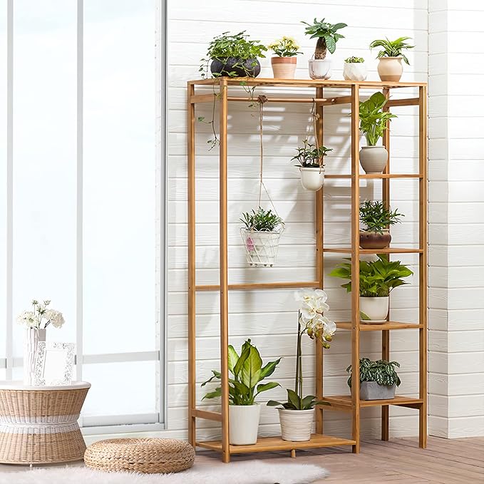 Bamboo Clothing Rack with 6 Tier Storage Shelf Multifunctional Garment Organizer Wardrobe Closet for Guest Room Kids Baby Bedroom Entryway