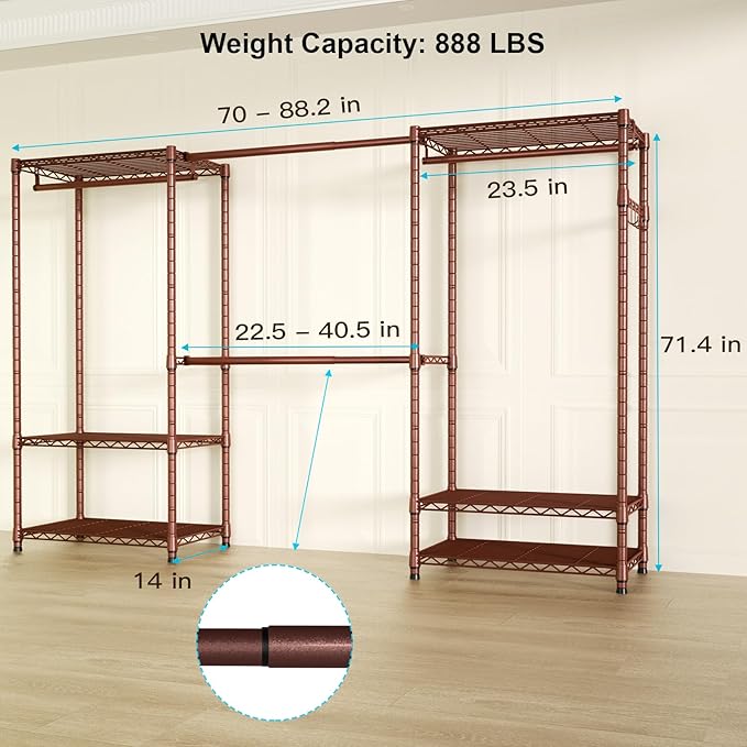 Ulif E1 Heavy Duty Closet Garment Rack, 6 Tiers Adjustable Metal Freestanding Expandable Clothing Storage with 4 Hanger Rods, Easy to Assemble Wardrobe, 71.4" H x (70" - 88.2") L x 14" D, Bronze