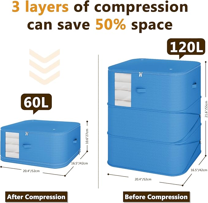 3-Layer Compressible with Zippers Blanket & Comforter Storage Bag,Ultra Space Saving Self Compression Organizer，Save 50% Space, 2 PCS，Blue