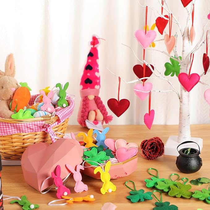 Jutom 108 Pcs Felt Valentine's Day Heart Hanging Ornaments St. Patrick's Day Shamrock Easter Egg Ornaments Heart Shaped Clover Baubles Shamrock Egg Felt Decoration for Holiday Favor (Fresh)