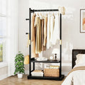 Solid Wood Clothes Rack with 2 Shelves & 4 Hooks for Hanging Clothes Garment Wallets Hats, Black Clothing Rack Heavy Duty Coat Rack Freestanding with Storage Hall Tree for Hallway Bedroom Living Room