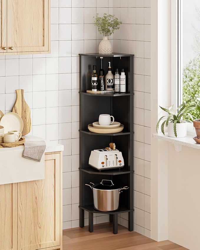 Corner Shelf, 5 Tier Corner Bookshelf, Display Corner Shelf Stand with Storage Rack, Wall Corner Bookshelf for Living Room, Bedroom, Office, Black