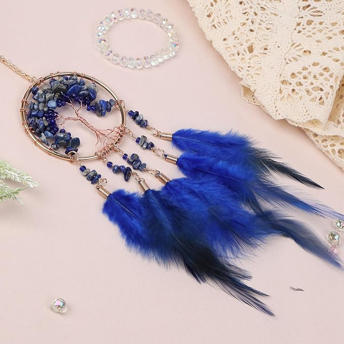 Pretty Jolly Small Tree of Life Crystal Stone Dream Catchers Deepblue Feathers Mini Dreamcatchers for Car Rear View Mirror Hanging Decoration Good Luck Travel Charm Bedroom Ornaments for Women Girls