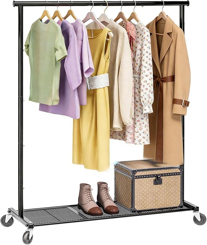 Clothes Rack for Hanging Clothes, 64.25 Inch Clothing Racks with Wheels, Portable Rolling Clothes Garment Rack for Bedroom, Laundry, Living Room, Black