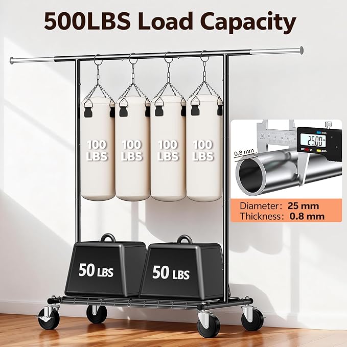 Heavy Duty Clothes Rack - Load 500 LBS, Rolling Clothing Rack for Hanging Clothes with Lockable Wheels & & Shelves, Extendable Garment Rack for Bedroom, Laundry, Living Room (Black)