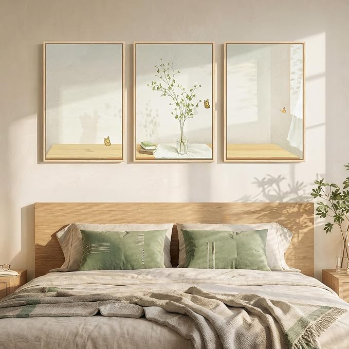 Framed Botanical Neutral 3 Piece Wall Art for Living Room, Minimalist Butterfly Sunshine Canvas Artwork for Walls, Peaceful Sill Life Illustration Print Bedroom Dining Room Office Wall Decor, 16x24 In
