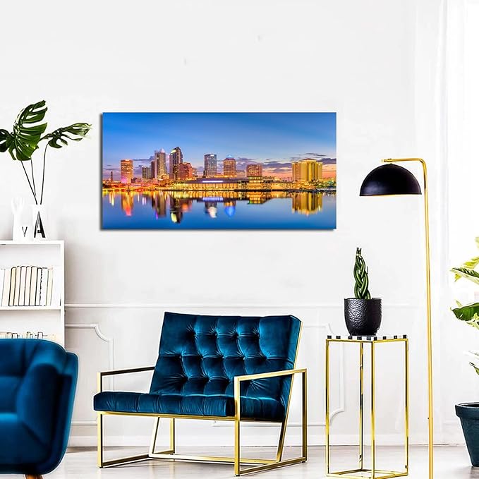 AIYISU Florida Wall Art Tampa Downtown Skyline Canvas Picture USA City Landscape Wall Decor, Modern Cityscape Painting Night River Prints Poster Artwork for Living Room Bedroom Home Decoration 24x48
