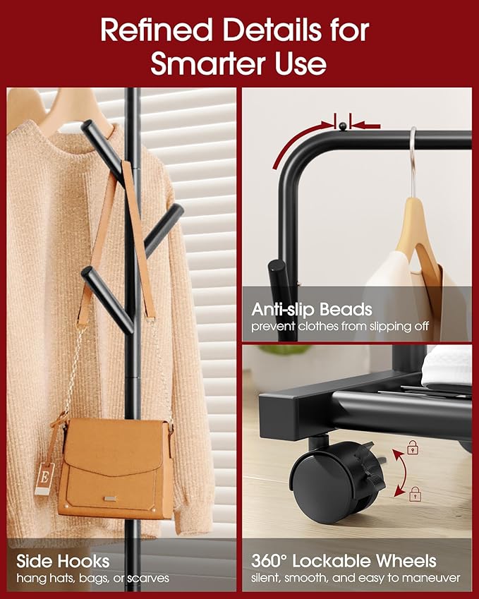 Clothes Rack - Metal Coat Rack with Bottom Shelf, Portable Wardrobe Rack with 6 Side Rods, Rolling Clothing Rack for Hanging Clothes for Bedroom or Laundry Room (Black, 28.7 x 17 x 59.4)