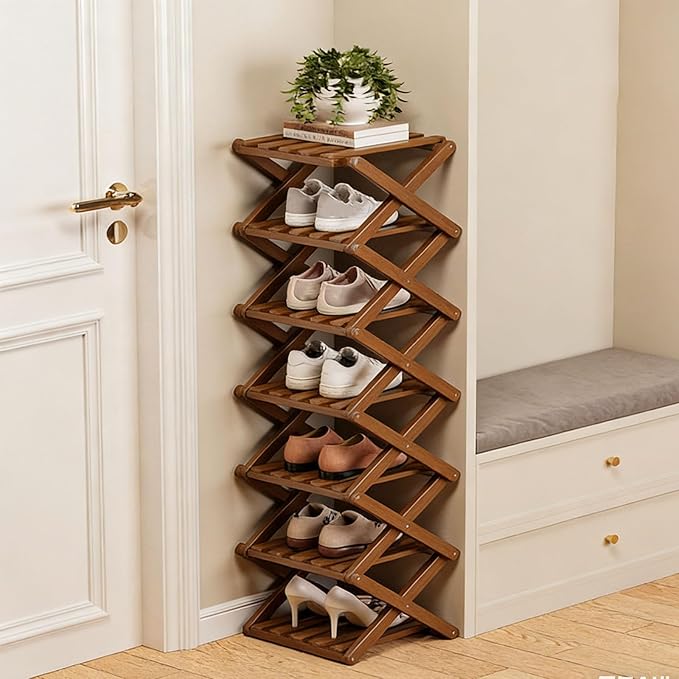 The 9-Tier No-Assembly Bamboo Rack, Foldable Space-Saving Organizer for Shoes, No Assembly Narrow Shoe Shelf for Entryway Closet Dorm (Brown, 7)