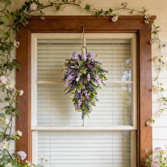 Idyllic 22 Inch Lavender Floral Swag with Bunny Ear Eucalyptus for Front Door Decor Artificial Outdoor Hanging Wedding Arch Spring Wreaths Alternative and Home Entrance Decoration
