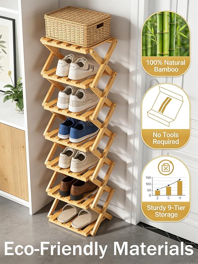 The 9-Tier No-Assembly Bamboo Rack, New Upgrade 9 Tier Bamboo Shoe Rack, Space-Saving Tall Narrow Accordion Shoe Rack for Entryway Closet Dorm (Brown-6)