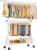 Heavy Duty Clothes Rack for Hanging Clothes, Double Rods Clothing Rack with Lockable Wheels, Rolling Garment Racks with Shelf, Easy to Assemble, White