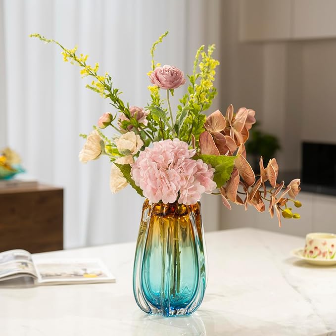 Hand Blown Glass Flower vases, Unique Glass vases, Wide Mouth vases, Small Modern Art Deco Glass vases for Home Living Room, Office, Table centerpieces, Bookshelves and Wedding Decorations