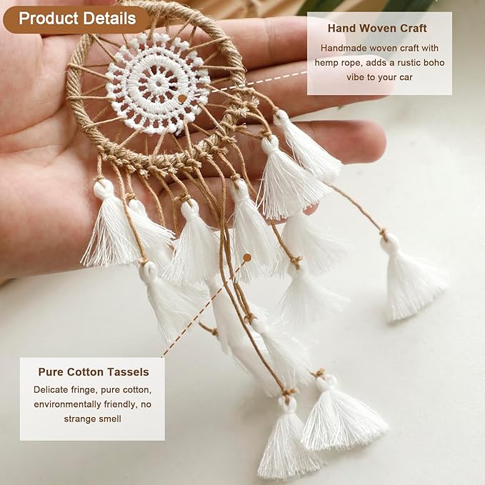 Artilady Small Dream Catcher for Cars - Bohemian Mini Dream Catchers for Cars Rear View Mirror Hanging Decoration (White)