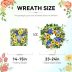 Pinkpuii Spring Wreaths for Front Door Outside- 24 Inch Spring Summer Wreath with Sunflowers,Lifelike Blue Hydrangea Flower Wreath for Indoor Outdoor Mantel,Window,Wall,Home Firplace Hanging Decor
