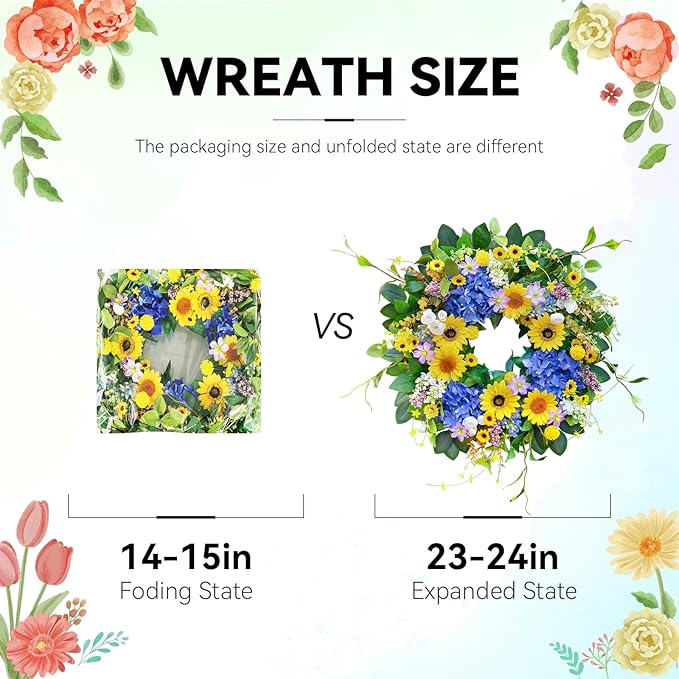 Pinkpuii Spring Wreaths for Front Door Outside- 24 Inch Spring Summer Wreath with Sunflowers,Lifelike Blue Hydrangea Flower Wreath for Indoor Outdoor Mantel,Window,Wall,Home Firplace Hanging Decor