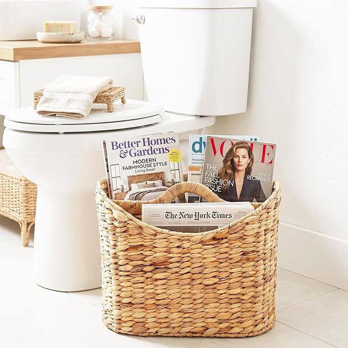 Magazines Holder - Wicker Magazine Rack, Handwoven Magazine Holders for Bathroom, Magazine Organizer for Books, Newspaper, Water Hyacinth Magazine Basket with Handle, 14x11.5x6.7inch