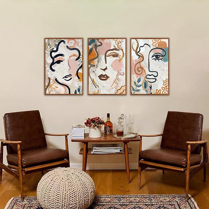 KAlRNE Abstract Human Face Wall Art Set of 3(16”X24”),Boho Line Wall Decor,Modern Matisse Framed Canvas Paintings,Colorful Floral Graffiti Art Prints For Living Room Bedroom Office Decoration