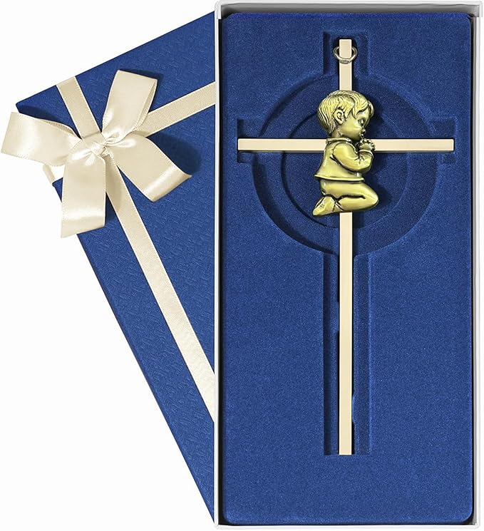 Tryuunion Baby Wall Cross Baptism and Christening Gifts for Boys, 7-inch Olive Golden Blessing Catholic Boy Baptism Crosses for First Holy Communion, and Dedication Baptismal Gifts from Godparents