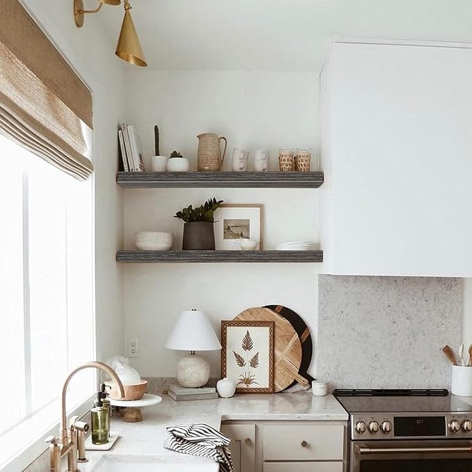 QEEIG Floating Shelves for Wall 35.4" Long - Wall Mounted Shelf Bathroom Kitchen Living Room Bedroom Farmhouse Home Decor Display Bookshelf Large 35.4 x 9.3 inch Set of 2, Grey (008-90GY)