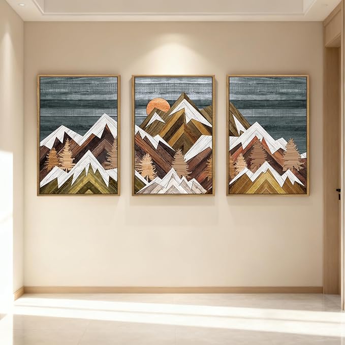 BINCUE Rustic Mountain Canvas Wall Pictures Framed Mountain Wall Art Nature Landscape Artwork Boho Mountain Wall Decor Farmhouse Paintings Rustic Landscape Art Prints for Office Living Room Bedroom 16x24 Inches Set of 3