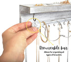 Rustic Necklace Jewelry Organizer - Gray White Wall Mount Jewelry Holder - Mounted Hanging Jewelry Storage Hooks for Necklace, Earrings, and Rings - Farmhouse Wood Decor Bedroom Boho Shelf Rack
