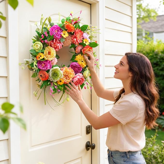 Spring Wreaths for Front Door 24 Inch,Summer Wreath with Rose,Peony,Dahlia,Spring Door Wreath for Holiday Farmhouse Indoor Outdoor Wall Home Decor