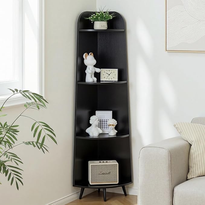 VECELO Large Tall Corner Shelf, 66.93" H 4-Tier Corner Storage Organizer, Freestanding Corner Display Rack for Living Room Bedroom Home Office, Black