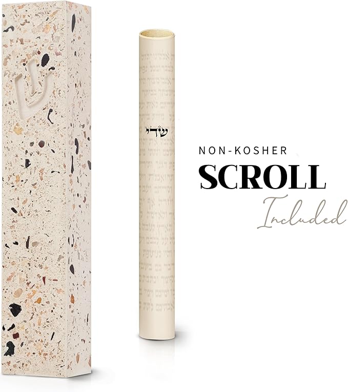 SURI Mezuzah for Door – 7 Inch Terrazzo Pink Concrete Mezuzah Case with Printed Scroll, Self-Stick Jewish Entry Design, Fits a 6 Inch Scroll, Gift Box Included