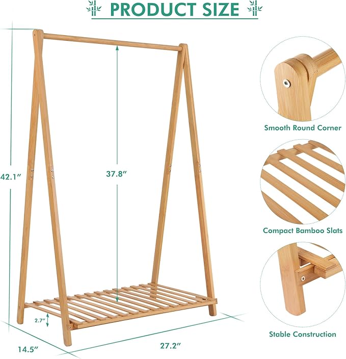 Small Clothes Rack Kids Dress Up Storage for Playroom, Toddlers Bedroom, Bamboo Child Garment Rack with Storage Shelf, Kids Clothing Rack Costumes Organizer