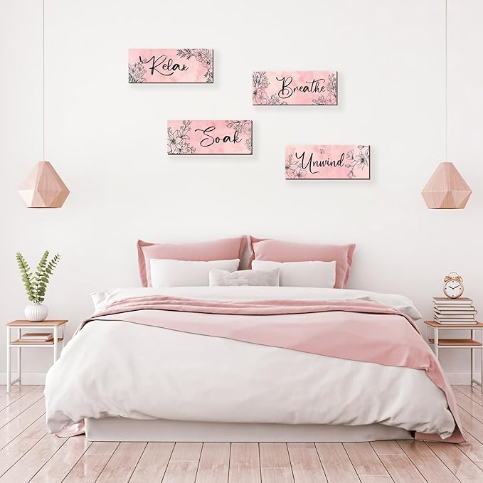 ONIZHITY 4 Pieces Pink Wall Decor Pink Floral Bathroom Decor Wooden Girls Room with Relax Soak Unwind Breathe Positive Hanging Wall Art for Girl Teen Women Bedroom Living Room Decoration (10X4In)