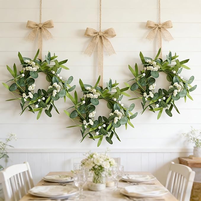 4 Pcs Green Eucalyptus Wreaths for Kitchen Cabinet Artificial Spring Summer Eucalyptus Wreath with White Berries Mini Green Wreaths with Ribbon for Front Door Porch Wall Window Farmhouse Decoration