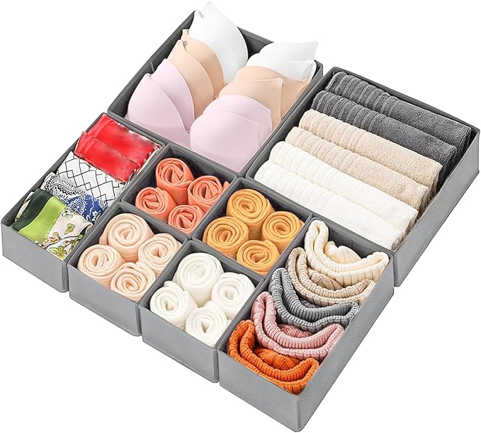Drawer Organizer Clothes 8 Pack Clothes Organizer Dresser Drawer Organizers for Socks Underwears Bras Foldable Closet Organizers and Storage Fabric Storage Dividers for Nursery Bedroom, Gray