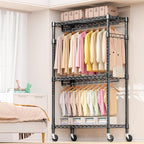 Heavy Duty Rolling Garment Rack 3 Tiers Adjustable Wire Shelving Clothes Rack with 2 Rods and Side Hooks, Storage Closet Clothing Rack with Wheels Black 17.7" D x 47.2" W x 83.6" H
