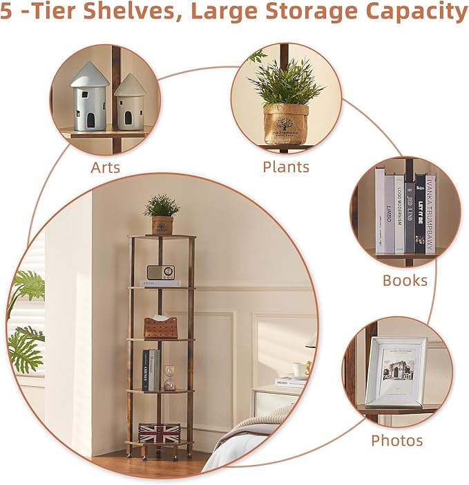 YUFAM 5-Tier Corner Shelf with Sturdy 5-Leg Base, Wooden Corner Bookshelf for Small Spaces, Corner Standing Shelf for Living Room, Bedroom, Office, Brown