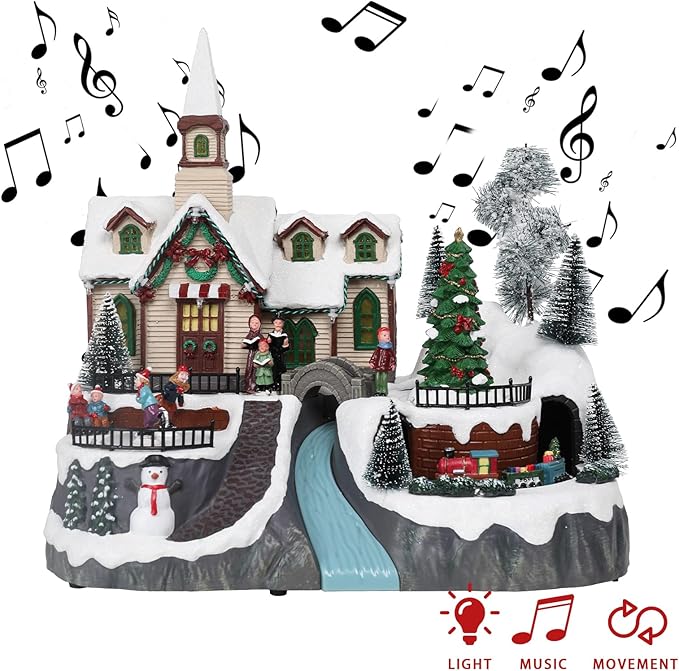 MUMTOP Christmas Village Snow Church with Rotating Train, Light Up Animated Moving Skaters and Christmas Tree with Music for Indoor Holiday Xmas Tabletop Decor