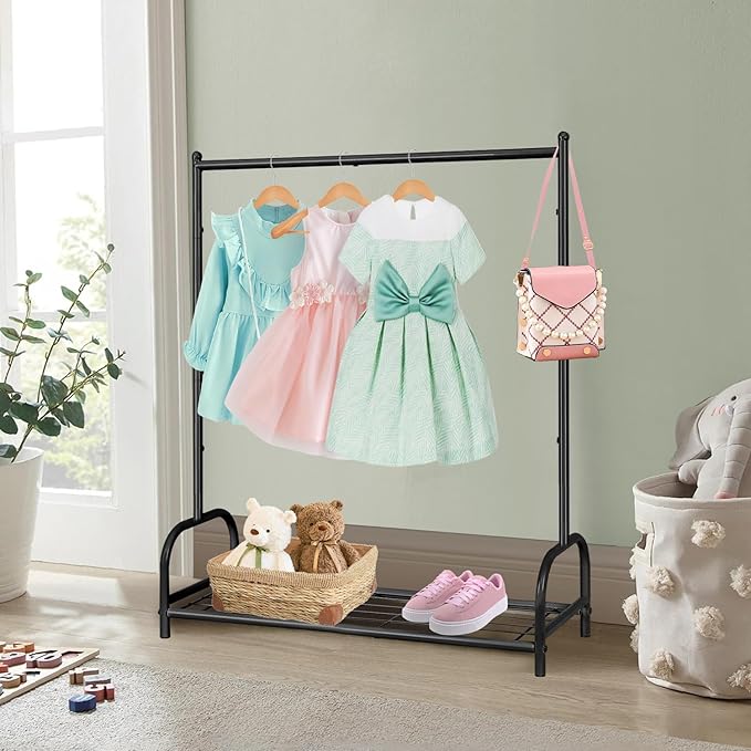 Kids Clothing Rack, Kids Dress Up Storage Rack, Small Clothes Rack with Metal Storage Shelf, Kids Closet Organizers and Storage (Black)