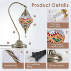 Yarra-Decor Turkish Moroccan Lamp with Bronze Base 3 Color Options Handmade Swan Neck Tiffany Mosaic Glass Bedside Lamps for Bedroom (LED Bulb Included)(5)