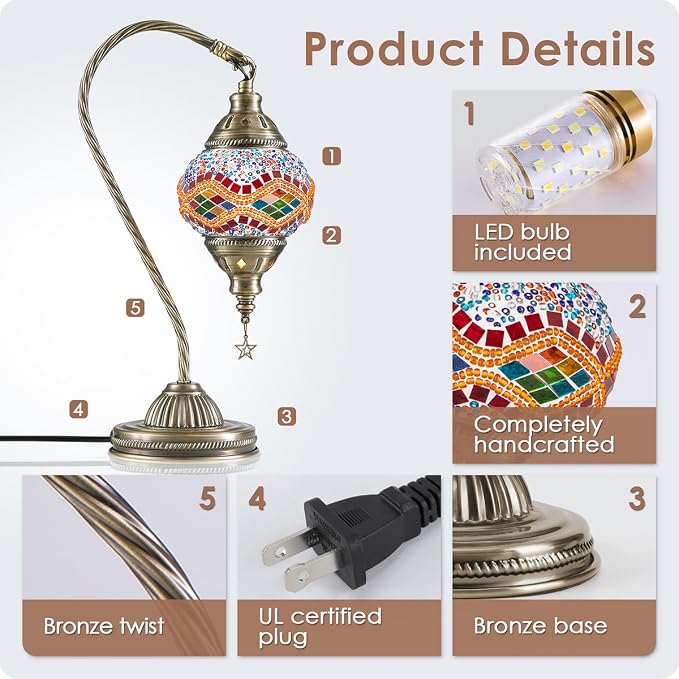 Yarra-Decor Turkish Moroccan Lamp with Bronze Base 3 Color Options Handmade Swan Neck Tiffany Mosaic Glass Bedside Lamps for Bedroom (LED Bulb Included)(5)