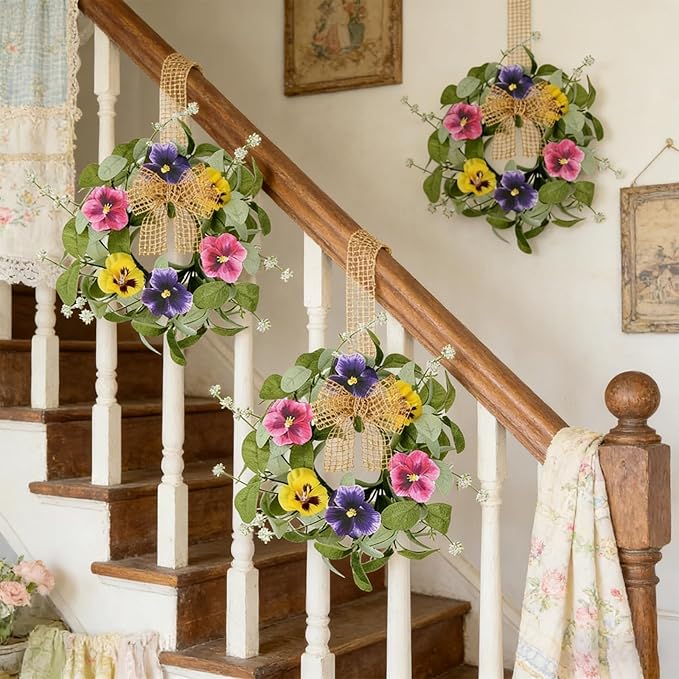 6 PCS Summer Floral Wreaths for Kitchen Cabinet Artificial Pansy Flowers Wreaths with Fern Branches Flocked Lamb Ear Leaves Mini Wreath Spring Floral Small Wreath for Table Centerpiece Farmhouse Decor