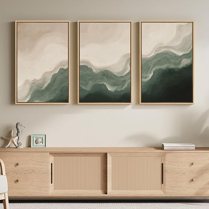 Framed Green and Beige Abstract Wall Art Set of 3, Modern Neutral Canvas Prints Paintings Artwork for Walls, Minimalist Abstract Pictures for Bedroom Dining Room Living Room Wall Decor 16x24 In