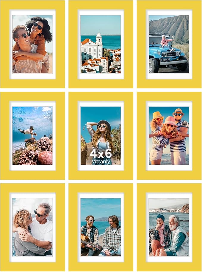 Vittanly 4x6 Picture Frames Set of 9, Shatter Resistant Plexiglass, Display 3.5x5 Pictures with Mat or 4x6 without Mat, Photo Frames for Wall or Tabletop, Engineered Wood, Yellow