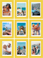 Vittanly 4x6 Picture Frames Set of 9, Shatter Resistant Plexiglass, Display 3.5x5 Pictures with Mat or 4x6 without Mat, Photo Frames for Wall or Tabletop, Engineered Wood, Yellow