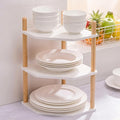3-Tier Expandable Bamboo Corner Shelf - Dish/Plate Organizer for Cabinet, Kitchen Counter Shelf & Small Kitchen Shelf, Adjustable (White, 1-Pc 6.70" H)