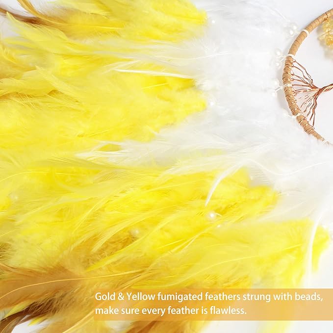 Fairy Gold Citrine Tree of Life Dream Catcher Wall Decor with Healing Crystal Stone Handmade Feather Dream Catchers Decoration Wall Hanging Ornaments for Bedroom Wedding Party Home Decor-25.6"